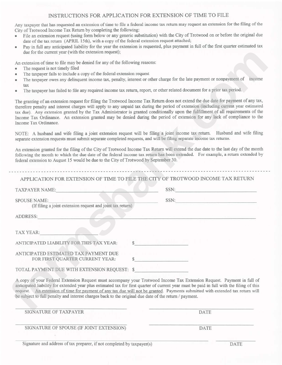 Application For Extension Of Time To File The City Of Trotwood Income Tax Retun Form