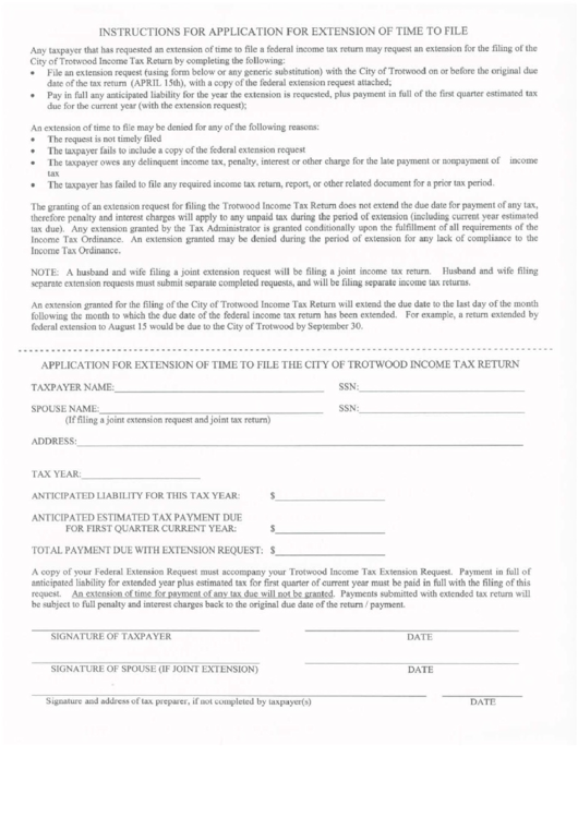 Application For Extension Of Time To File The City Of Trotwood Income Tax Retun Form Printable pdf