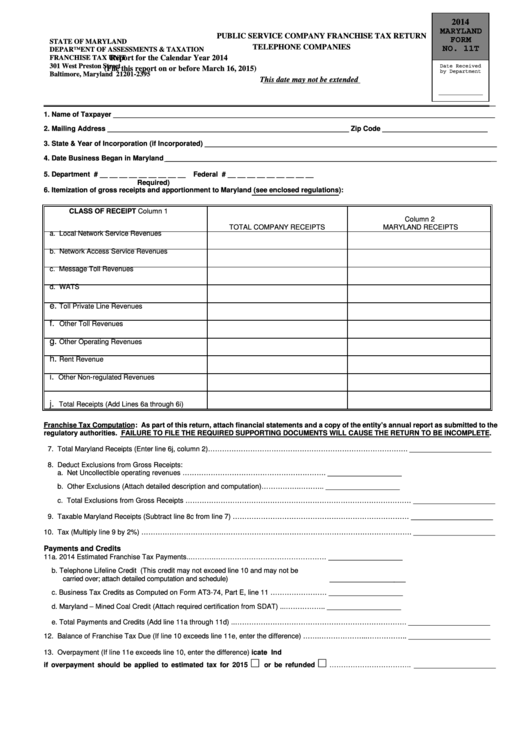 Fillable Maryland Form 11t - Public Service Company Franchise Tax Return, Telephone Companies - 2014 Printable pdf