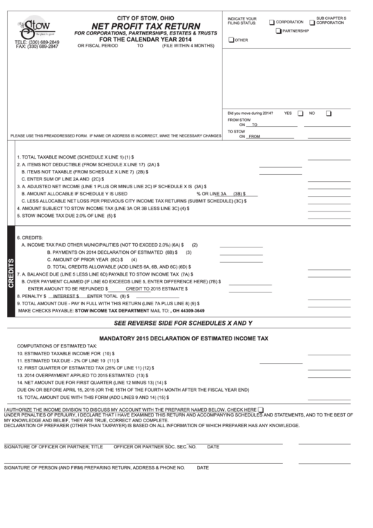 Net Profit Tax Return Form - City Of Stow, Ohio - 2014 Printable pdf