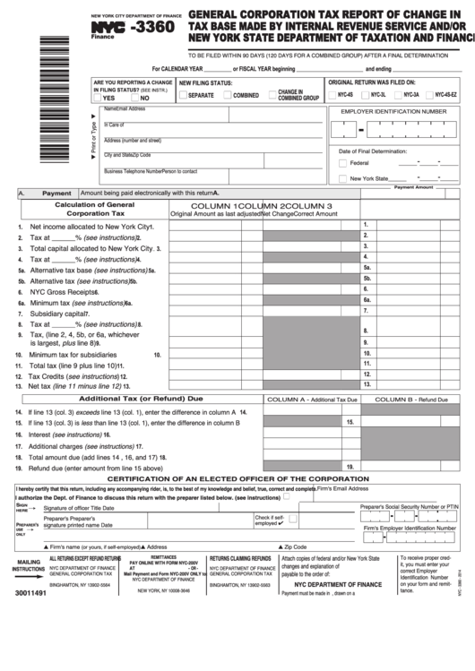 Form Nyc-3360 - General Corporation Tax Report Of Change In Tax Base Made By Internal Revenue Service - 2014 Printable pdf