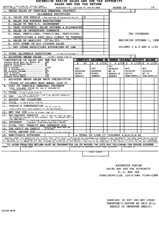 Sales And Use Tax Return Form - Ascension Parish Sales And Use Tax Authority Printable pdf