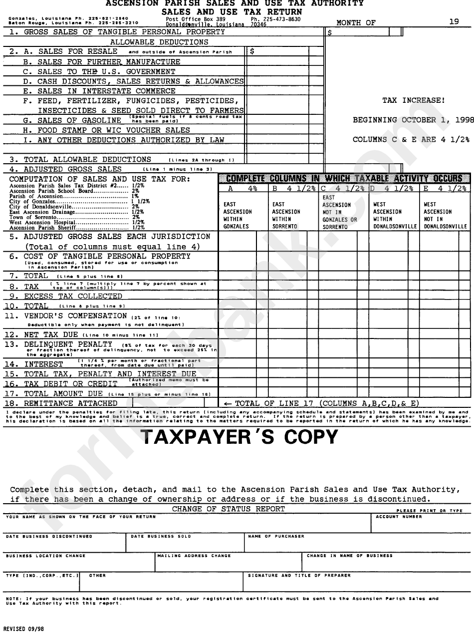 Sales And Use Tax Return Form - Ascension Parish Sales And Use Tax Authority
