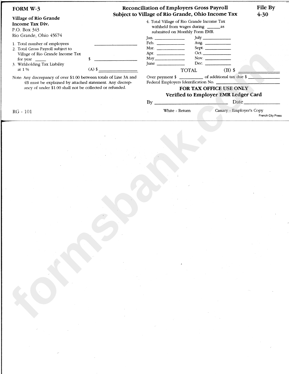 Form W-3 - Reconcilition Of Employers Gross Payroll Village Of Rio Grande Income Tax Devision