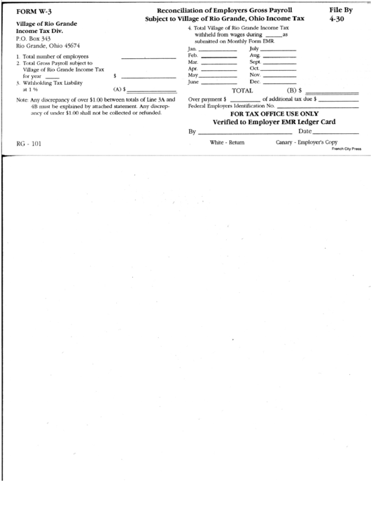 Form W-3 - Reconcilition Of Employers Gross Payroll Village Of Rio Grande Income Tax Devision Printable pdf