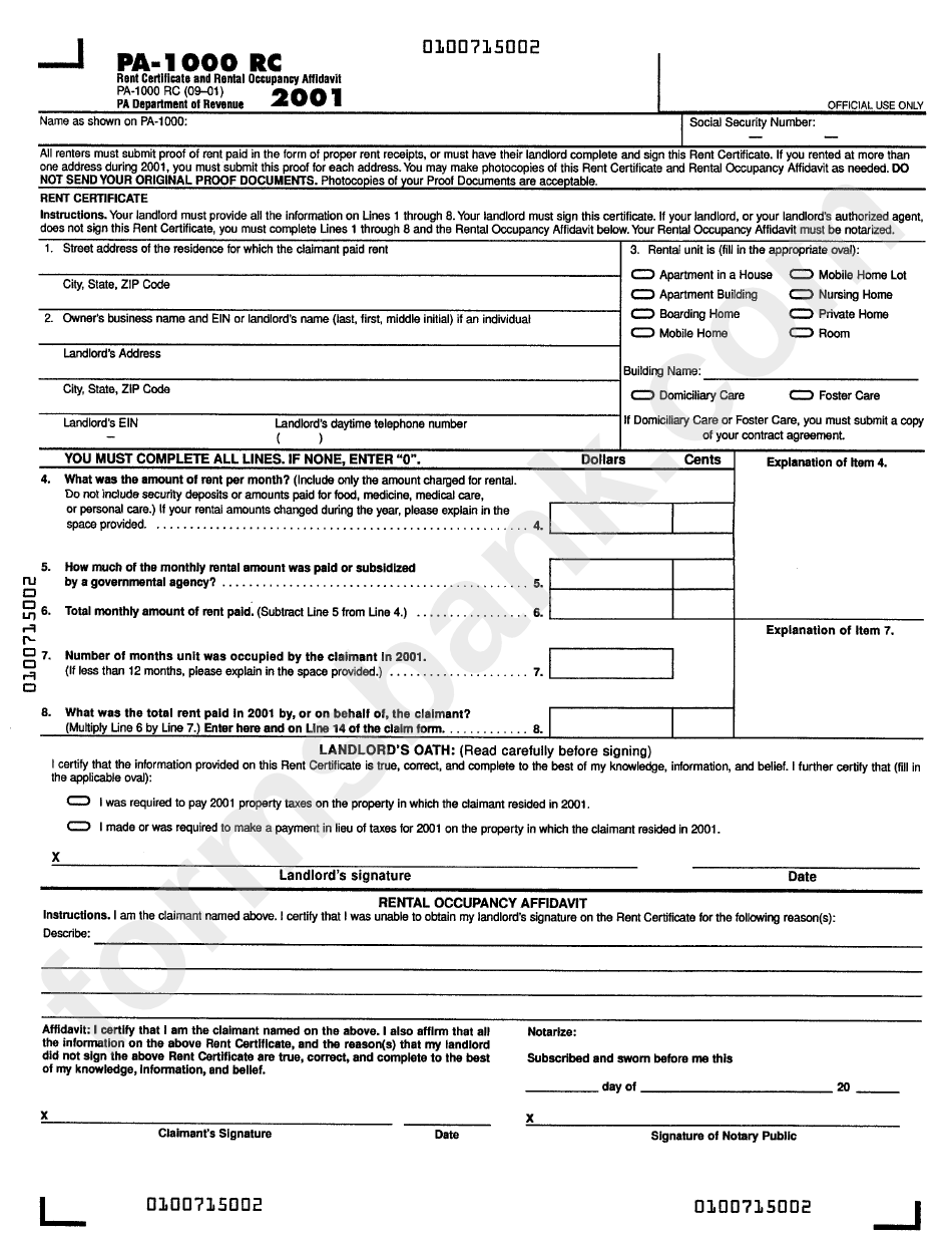 Form Pa-1000 Rc - Rent Certificate And Rental Occupancy Affidavit Form (2001) - Pa Department Of Revenue