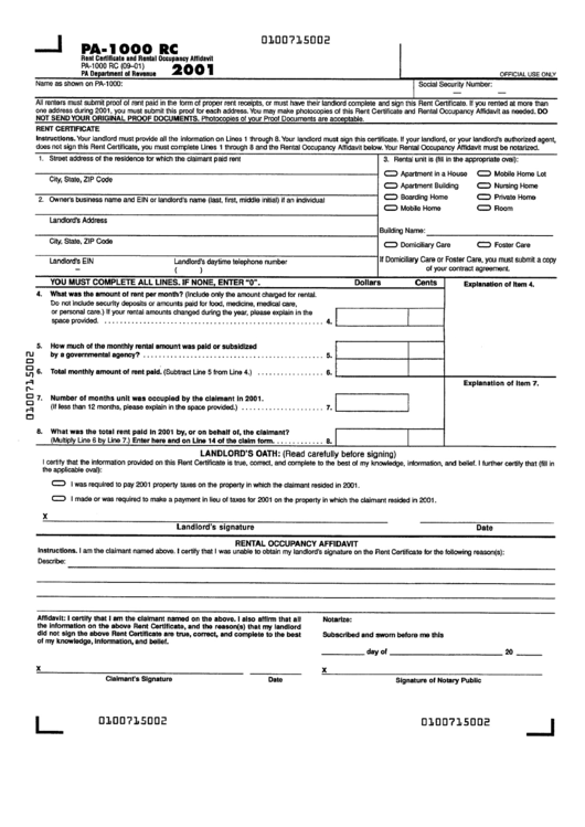 Form Pa-1000 Rc - Rent Certificate And Rental Occupancy Affidavit Form (2001) - Pa Department Of Revenue Printable pdf