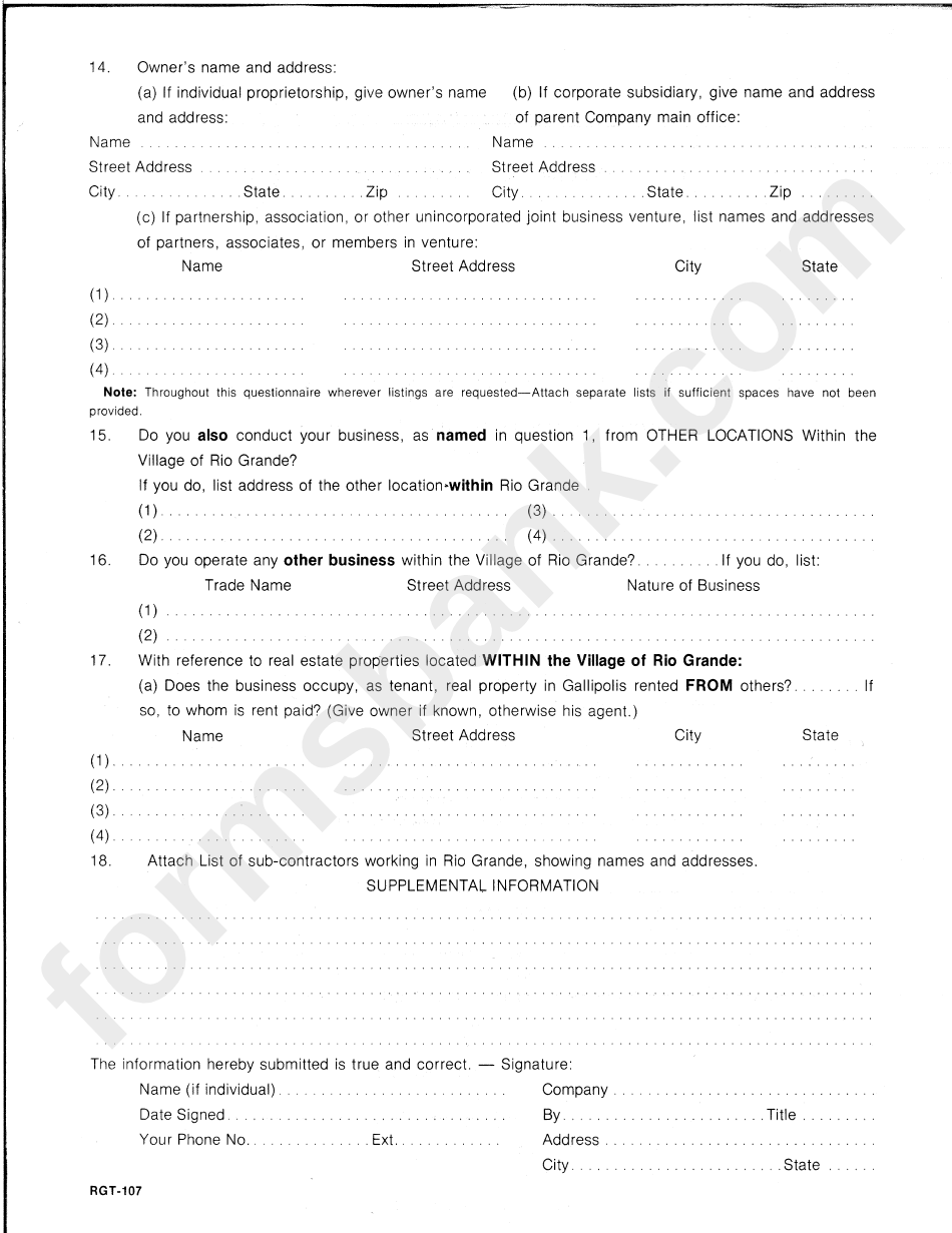 Business And Professional Questionnaire Template - Village Of Rio Grande Income Tax Department