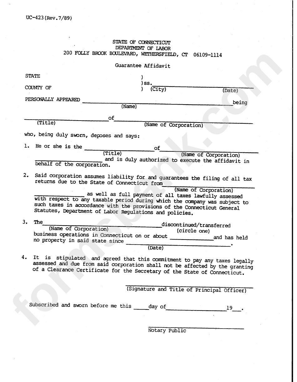 Form Uc-423 - Guarantee Affidavit Form - Departmnet Of Labor - Connecticut