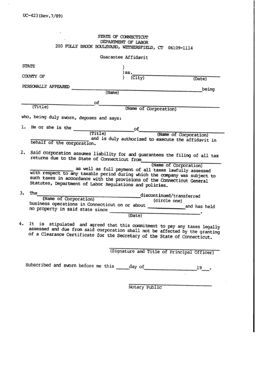 Form Uc-423 - Guarantee Affidavit Form - Departmnet Of Labor - Connecticut Printable pdf