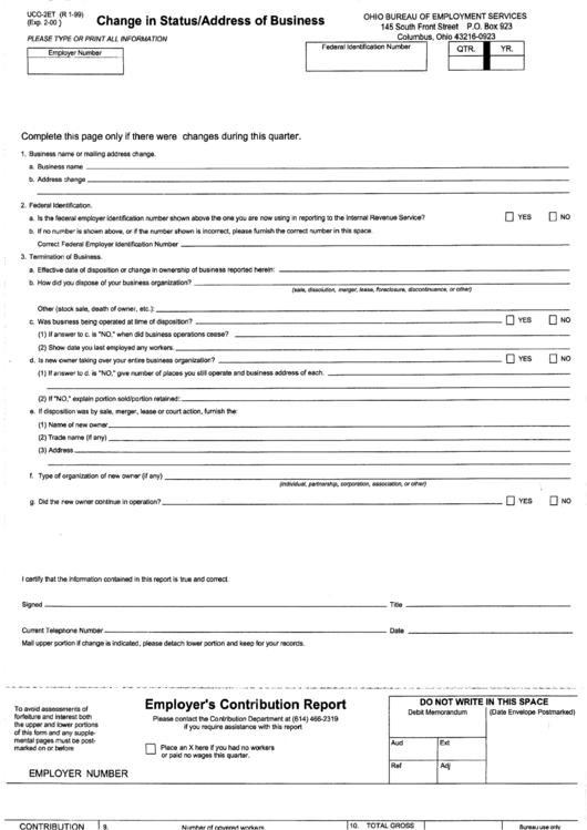Form Uco-2et - Change In Status/address Of Business - Ohio Bureau Of Employment Services Printable pdf