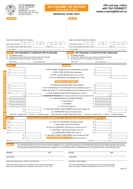 Form It-R - Individual Filing Only - Income Tax Return - 2014 Printable pdf