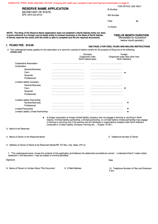Fillable Form Sfn 13015 - Reserve Name Application - North Dakota Secretary Of State Printable pdf