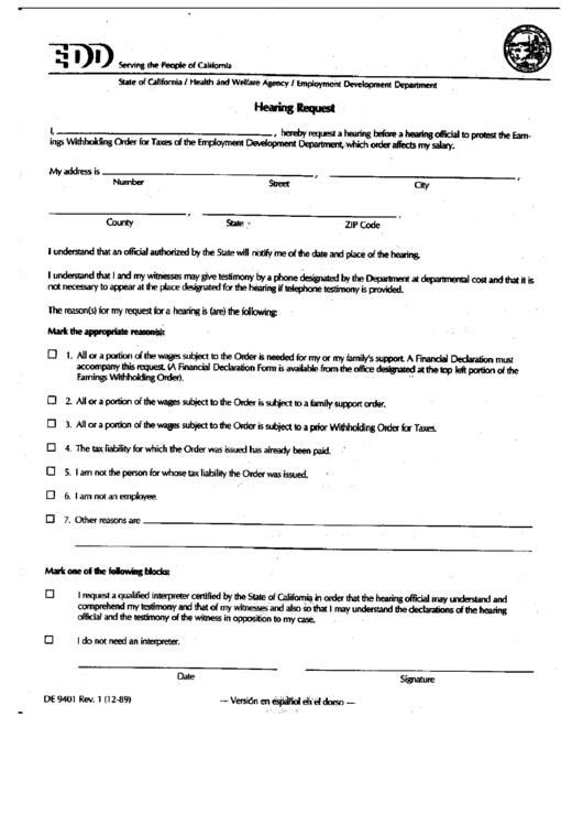 Form De 9401 - Hearing Request - Employment Development Department - California Printable pdf