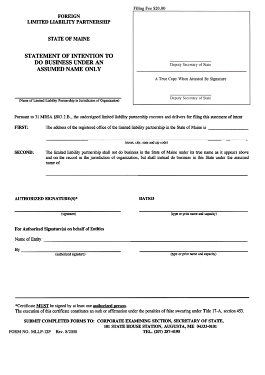 Form Mllp-12f - Statement Of Intention To Do Business Under An Assumed Name Only Form - State Of Maine Printable pdf