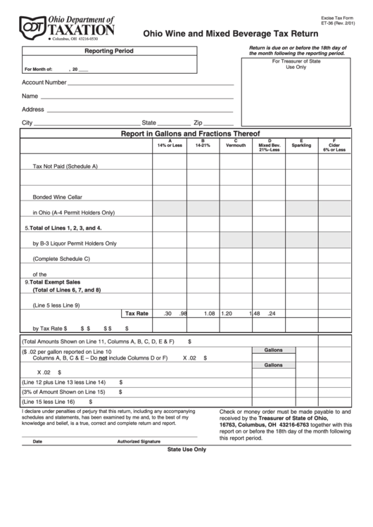 Form Et-36 - Ohio Wine And Mixed Beverage Tax Return Form - Ohio Department Of Taxation Printable pdf