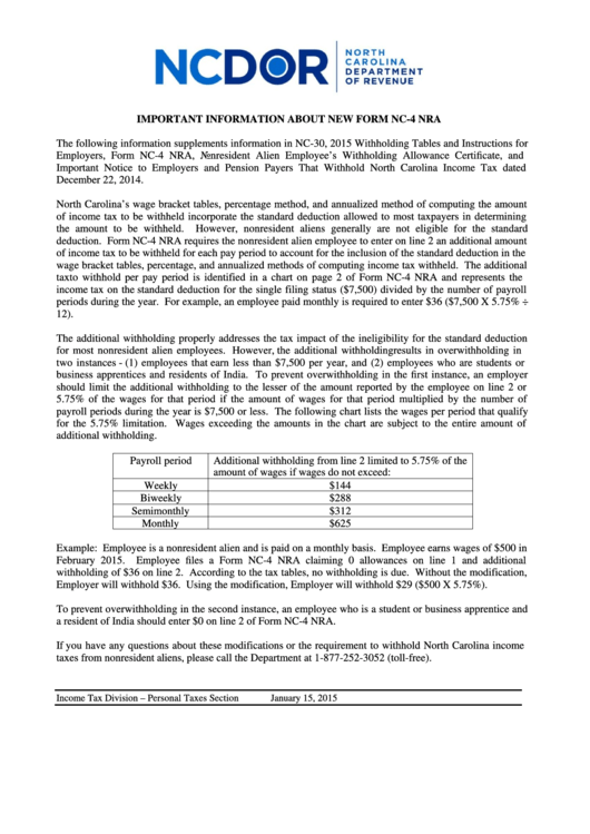 Nc-4 Nra Allowance Worksheet With Important Information About New 2015 Filing Rules Printable pdf