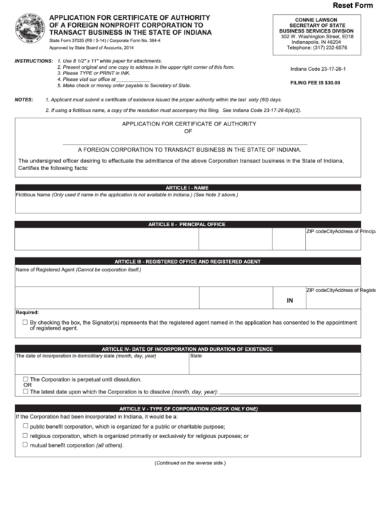Fillable Form 37035 - Application For Certificate Of Authority Of A Foreign Nonprofit Corporation To Transact Business In The State Of Indiana - Secretary Of State Printable pdf