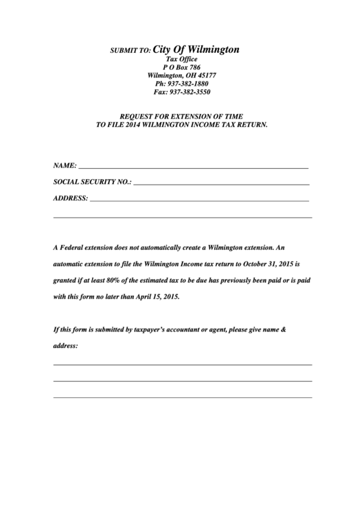 Request For Extension Of Time To File 2014 Wilmington Income Tax Return Form Printable pdf