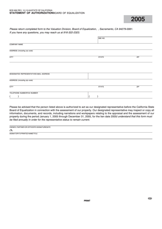 Fillable Form Boe-892 - Statement Of Authorization Printable pdf