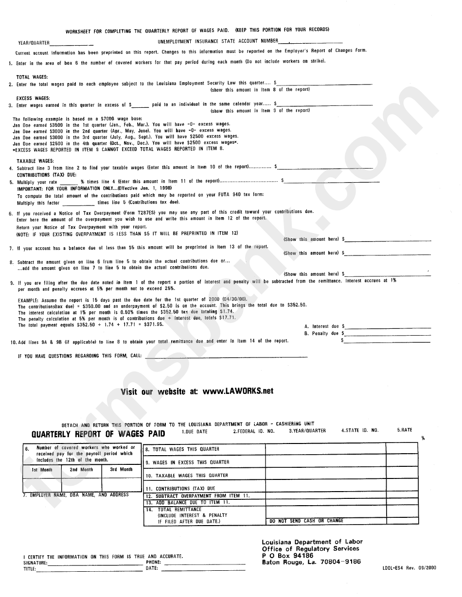 Form Ldol -Es4 - Worksheet For Completing The Quartterly Report Of Wages Paid