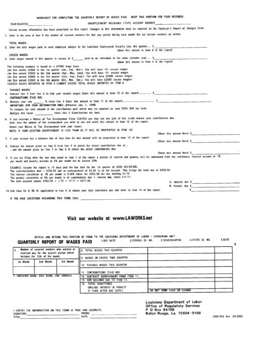 Form Ldol -Es4 - Worksheet For Completing The Quartterly Report Of Wages Paid Printable pdf