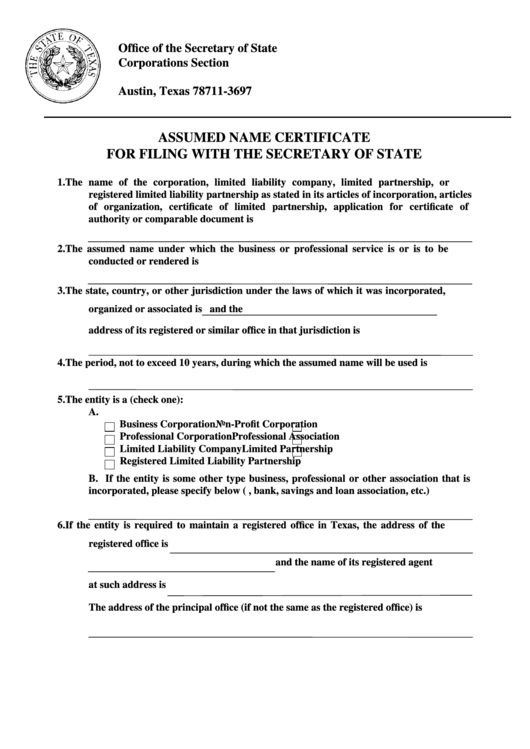 Form 503 - Assumed Name Certificate For Filing With The Secretary Of State Printable pdf