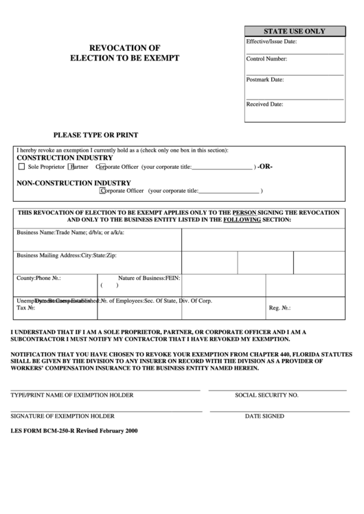 Form Bcm-250-R - Revocation Of Election To Be Exempt Form Printable pdf