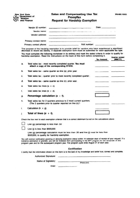 Fillable Form Pr-685 - Sales And Compensaiting Use Tax Promtax Request For Hardship Exemption Form Printable pdf
