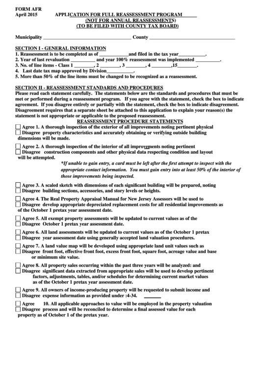 Fillable Form Afr - Application For Full Reassessment Program (Not For Annual Reassessments) (To Be Filed With County Tax Board) Printable pdf