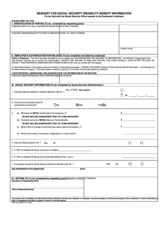 Les Form Dwc-14 - Request For Social Security Disability Benefit Information - 1994 Printable pdf