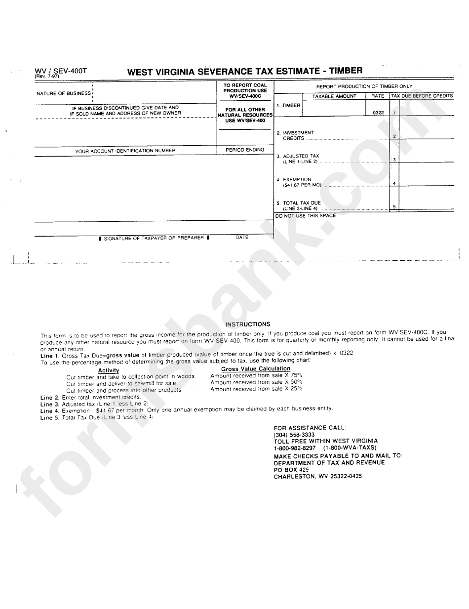 Form Wv/sev -400t - West Virginia Severance Tax Estimate -Timber