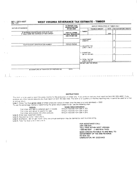 Form Wv/sev -400t - West Virginia Severance Tax Estimate -Timber Printable pdf