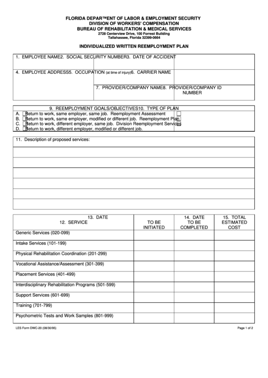 Form Dwc-20 - Individualized Written Reemployment Plan Printable pdf