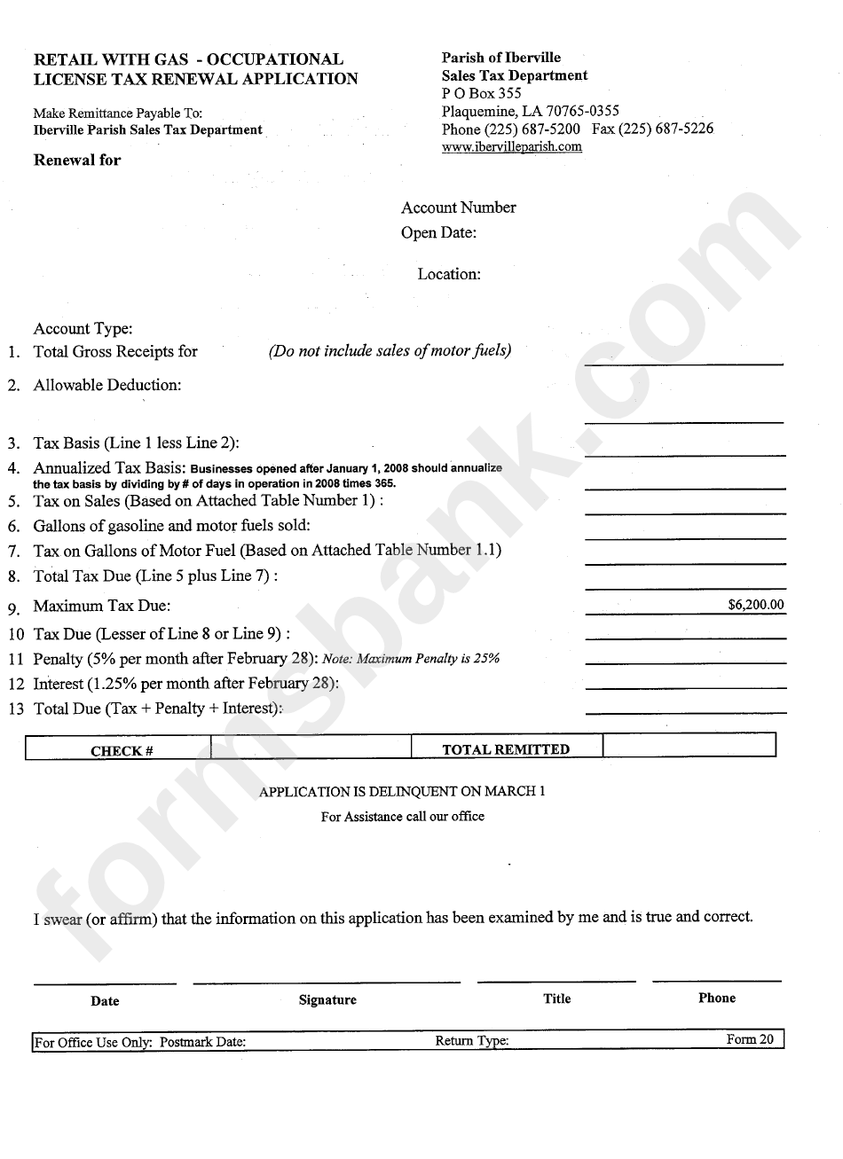Form 20 - Retail With Gas - Occupational License Tax Renewal Application