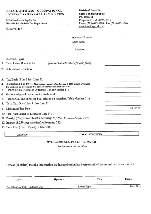 Form 20 - Retail With Gas - Occupational License Tax Renewal Application Printable pdf