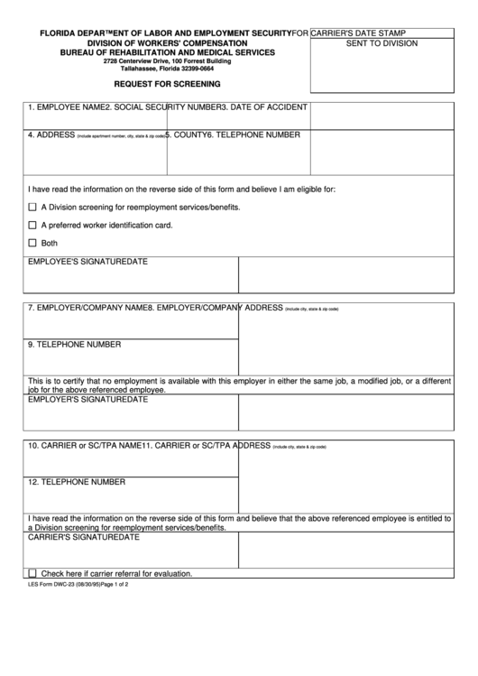 Form Dwc-23 - Request For Screening - Fl Department Of Labor And Employment Security Printable pdf