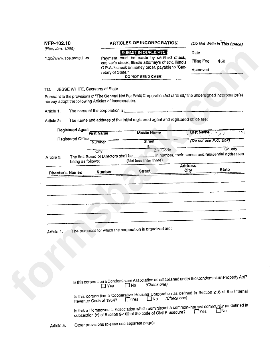 Form Nfr-10210 - Articles Of Incorporation