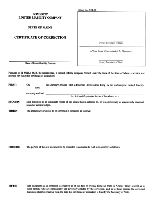 Form Mllc-17 - Certificate Of Correction Printable pdf
