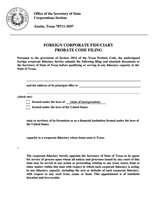 Form 908 - Foreign Corporate Fiduciary Probate Code Filing Printable pdf