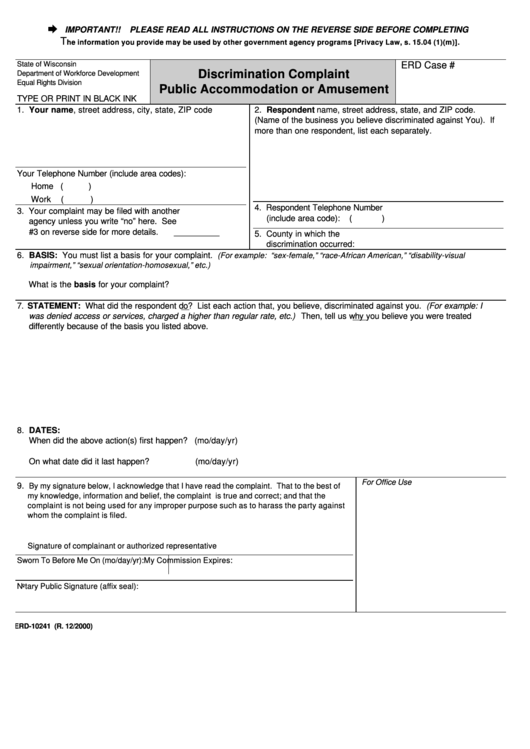 Form Erd-10241 - Discrimination Complaint Public Accommodation Or Amusement Printable pdf