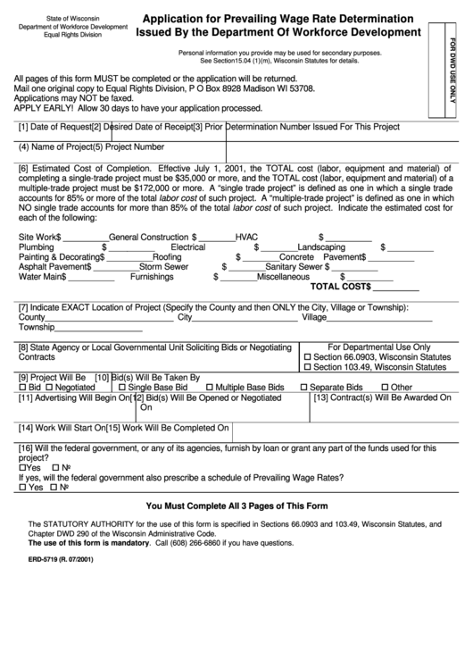 Form Erd-5719 - Application For Prevailing Wage Rate Determination Issued By The Department Of Workforce Development Printable pdf