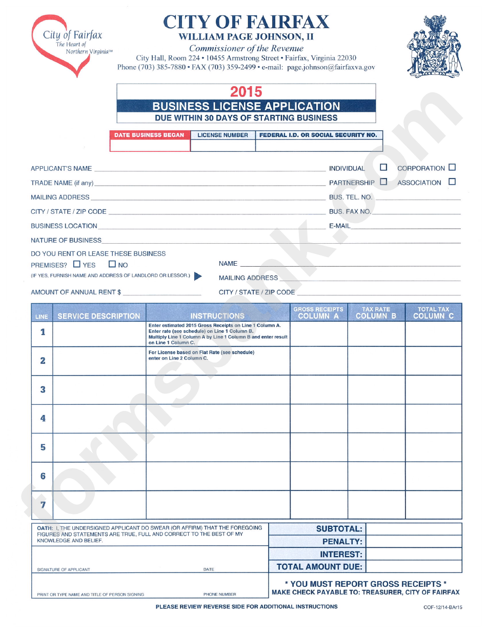 Form Cof-12/14-Bar15 - Business License Application - 2015