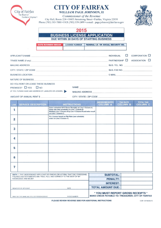 Form Cof-12/14-Bar15 - Business License Application - 2015 Printable pdf