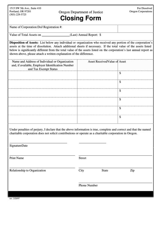 Fillable Closing Form - Oregon Department Of Justice Printable pdf
