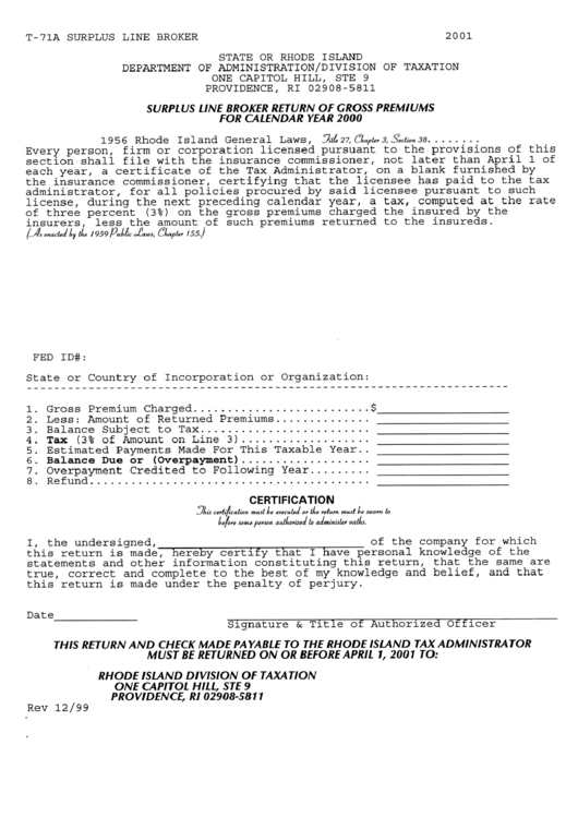 Form T-71a - Surplus Line Broker Return Of Gross Premiums For Calendar Year 2000 Printable pdf