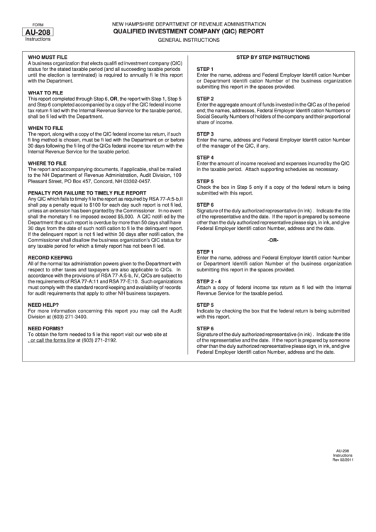 Form Au-208 - Qualified Investment Company (Qic) Report Printable pdf