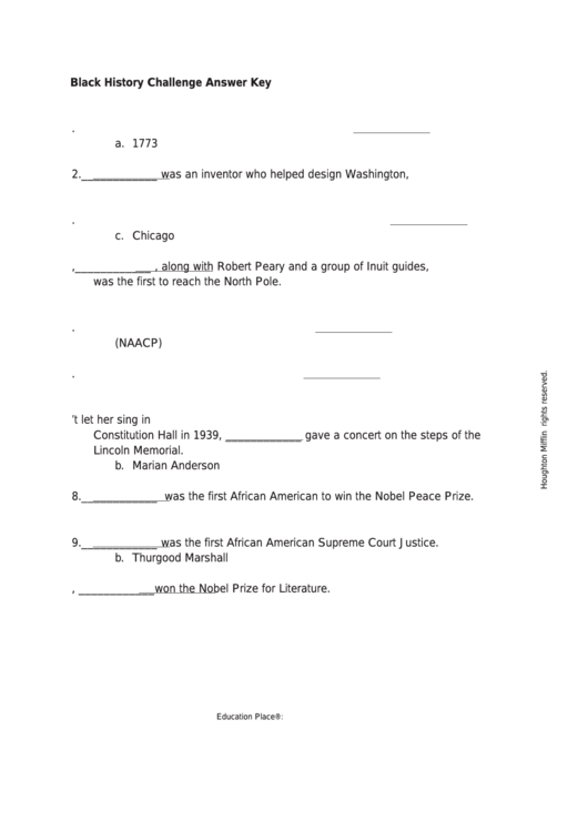 Black History Challenge Answer Key Worksheet Printable pdf