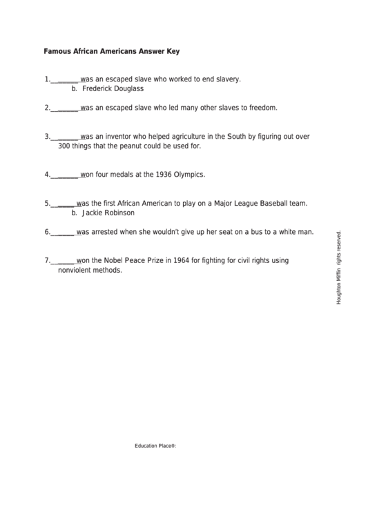 Famous African Americans Answer Key Worksheet Printable pdf
