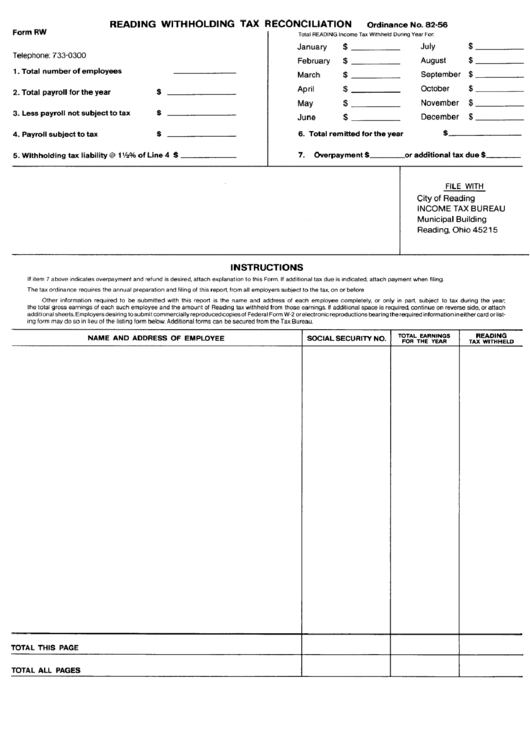 Form Rw - Reading Withholding Income Tax Reconciliation - City Of Reading Income Tax Bureau Printable pdf
